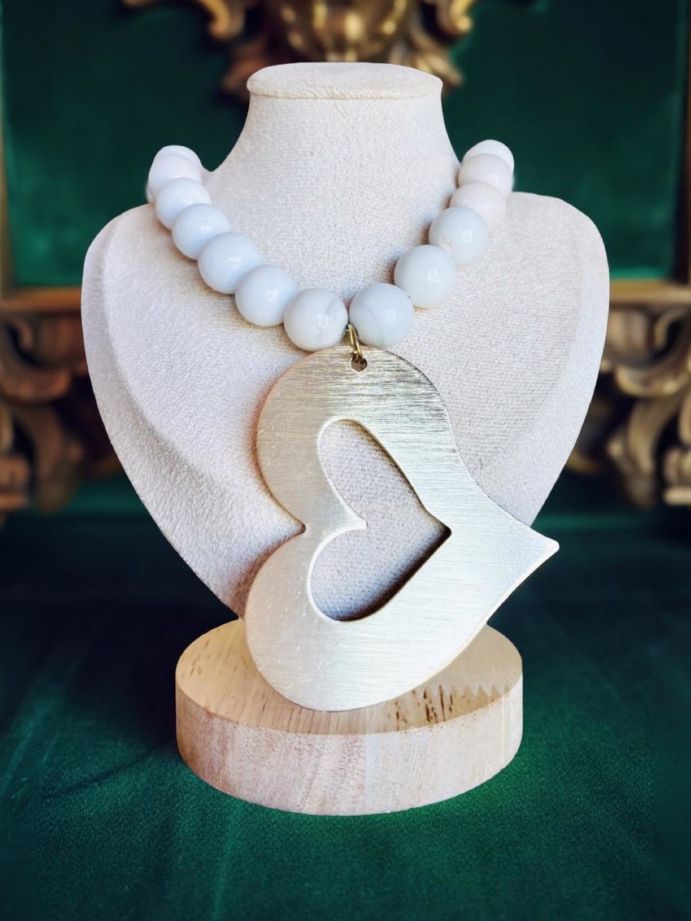 One-of-a-Kind White Beaded Necklace with Brushed Gold Heart Pendant/ Vintage